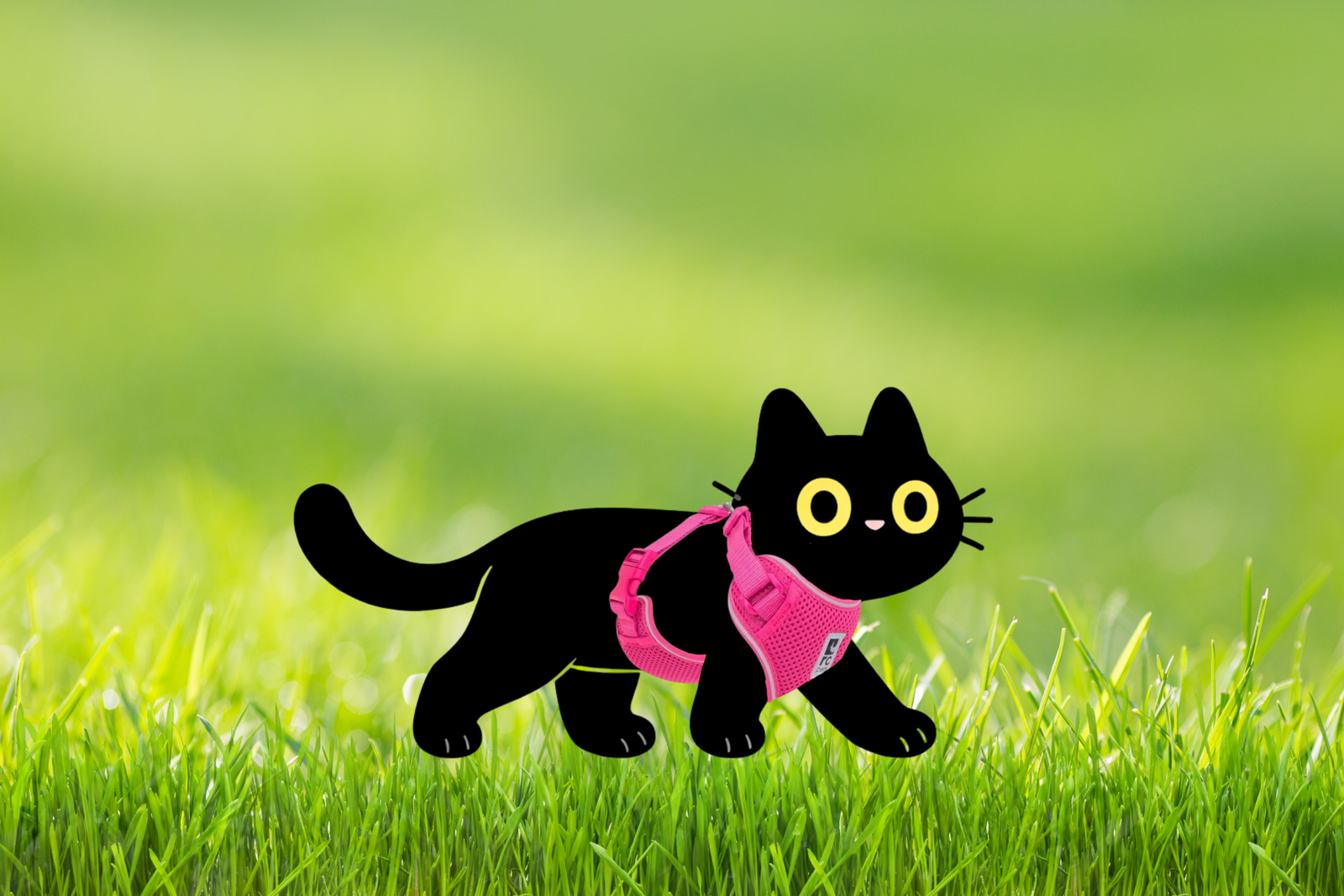 chat noir qui se ballade sur l'herbe avec un harnais rose
