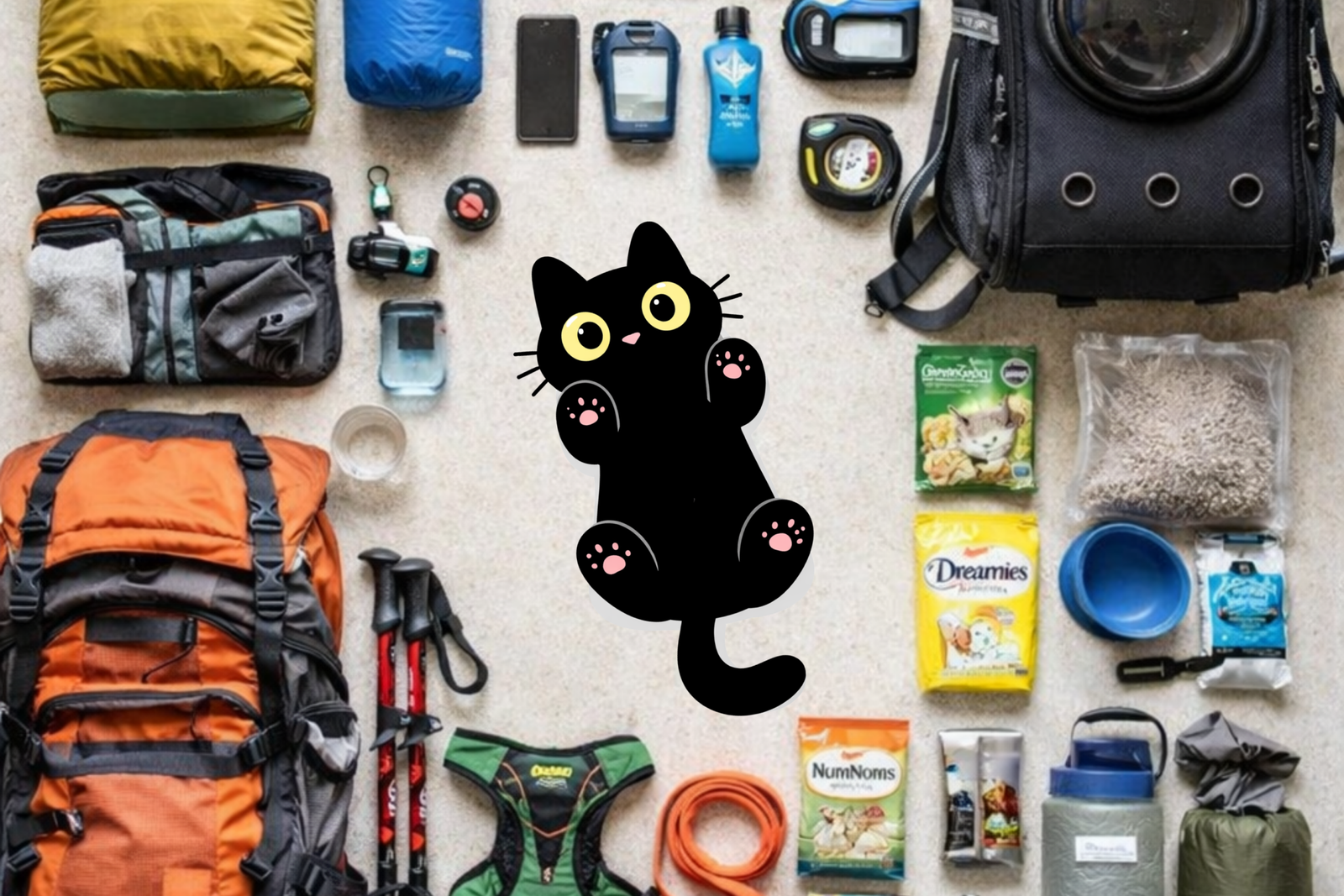 Chat noir, sur le dos, au milieu de matériel de voyage (sac à dos, sc de couchage, harnais, laisses, bol, nourriture)