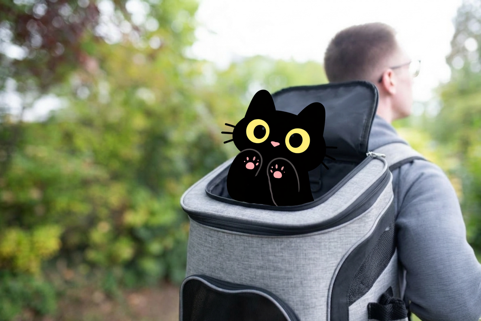 un chat noir au yeux jaune dans un sac à dos porté par un homme de dos, en pleine nature