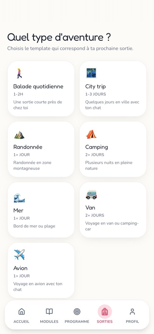 Écran « Quel type d’aventure ? » : balade, city trip, randonnée, camping, mer, van, avion