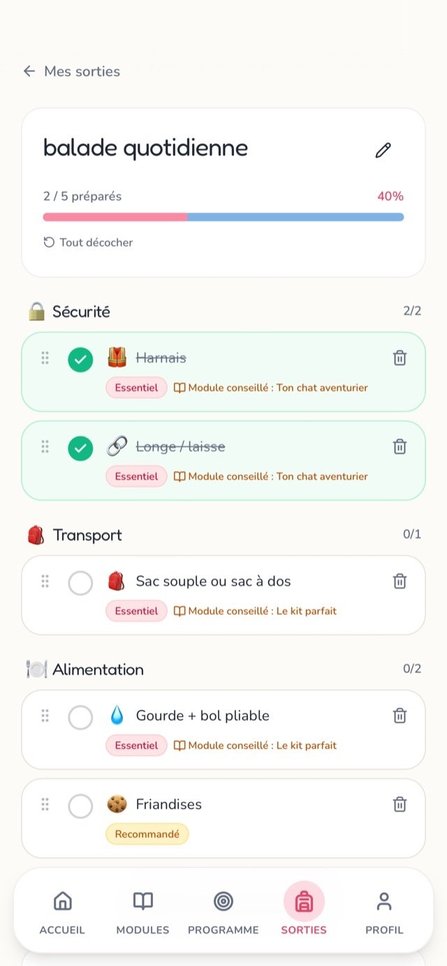 Checklist de la balade quotidienne, harnais et longe cochés, 2 sur 5 préparés