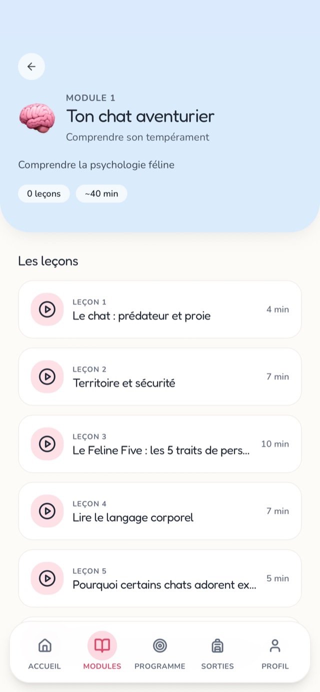 Écran d’un module : la liste des leçons avec leur durée