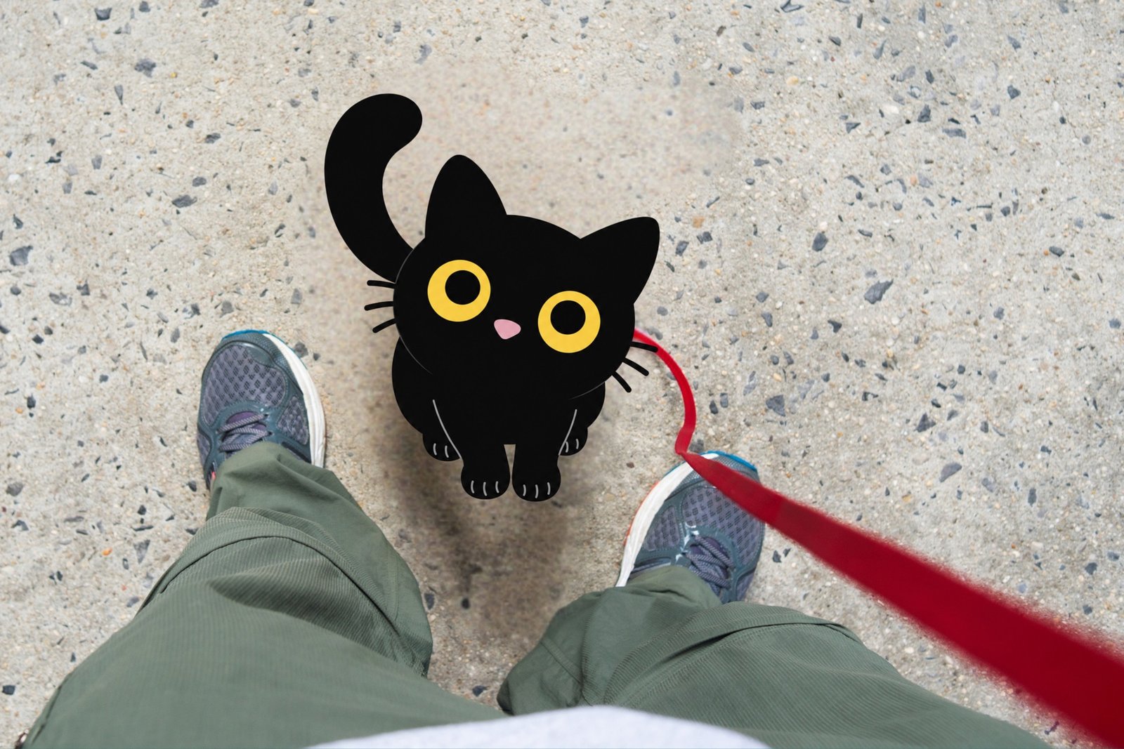 Petit chat noir illustré, tenu en laisse rouge, qui lève les yeux vers sa maîtresse